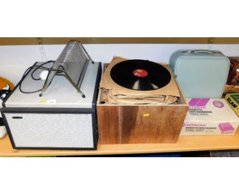 A Hacker record player, various records, a Hitachi cassette tape records, case typewriter, etc. (a quantity) 