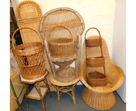 A group of wicker items, to include a peacock chair, wicker fire screen, three tier stand, a bamboo framed side table, etc. 