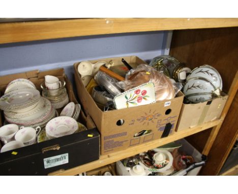 Shelf of assorted, lamps, copper, china etc.