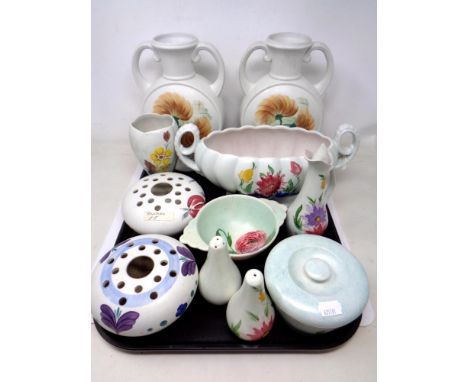 A tray containing a pair of Burslem twin handle vases, Radford flower bowls etc.
