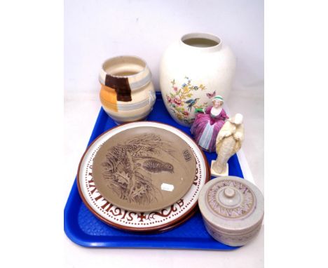 A tray containing Poole vase, Poole A Christmas Carol wall plate, a Beswick vase, figures etc.