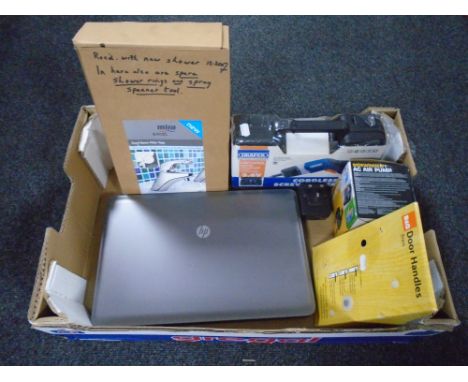 A box containing HP laptop, Garmin sat nav, Draper cordless screwdriver kit (new), Mira Excel basin pillar taps in box, door 