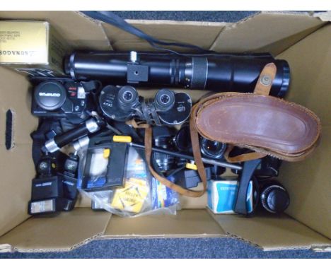 A box containing a set 7x50 field glasses in case, Olympus AF Zoom camera, assorted lenses, telescopic lens, filters, flashes