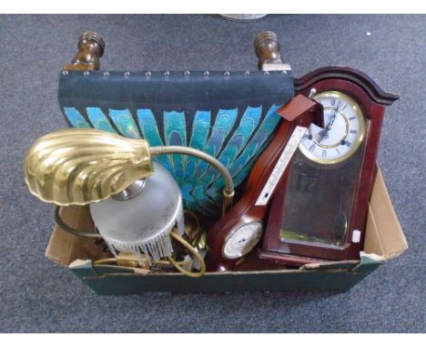 A box containing contemporary wall clock and barometer, brass and glass table lamps, foot stool etc.