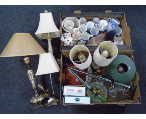 Two boxes containing contemporary table lamps, pressed glass, folding walking stick, Canon IXUS 70 digital camera in box, mug