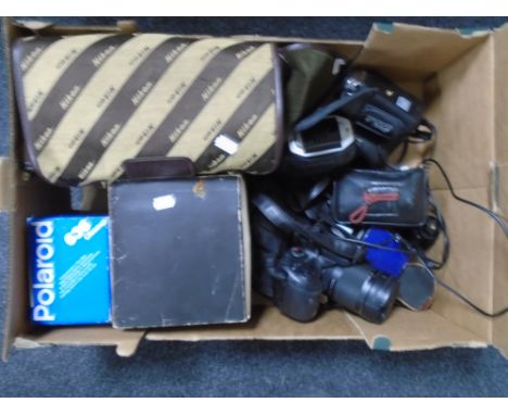A box of assorted cameras and related equipment including Fujifilm Finepix s200exr camera, Polaroid Super Swinger land camera