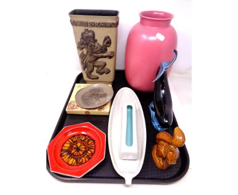 A tray containing Poole pottery, a hexagonal ash tray, Poole dolphin, vases etc.