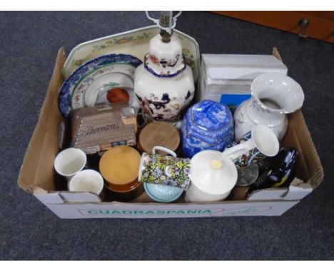 A box containing Masons Mandalay table lamp, Ringtons cathedrals caddy, collectors plates, mugs etc.
