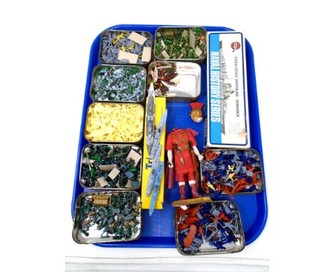 A tray containing a large quantity of die cast plastic army figures including World War 2 soldiers, battleships, boxed Airfix