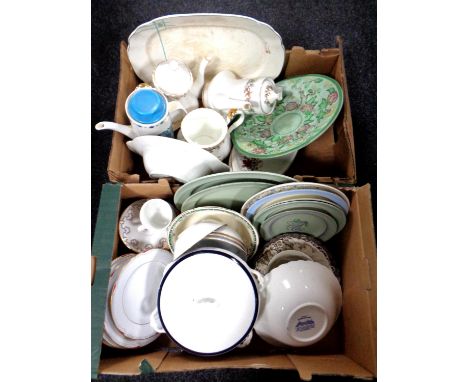 Two boxes of ceramics including Radford pottery charger, Myott dinnerware etc.