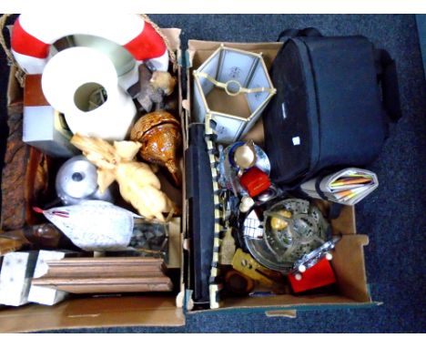 Two boxes containing decorative ornaments and pictures, light fitting, loose cutlery, oriental figures etc.