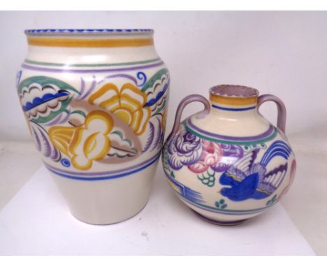 A Poole pottery vase together with a similar twin handle vase (tallest 23.5cm).