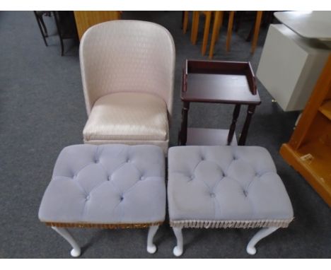 A pair of dressing table stools upholstered in dralon together with a mid-20th century commode armchair and a two tier teleph