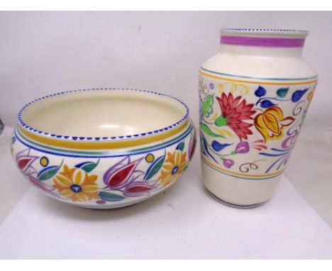 A Poole pottery fruit bowl (diameter 24cm) together with a similar Poole vase.