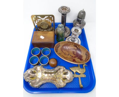 A tray containing plated candlestick, similar dwarf candlestick, sifter, set of four Cloisonné enamel napkin rings, wooden tr