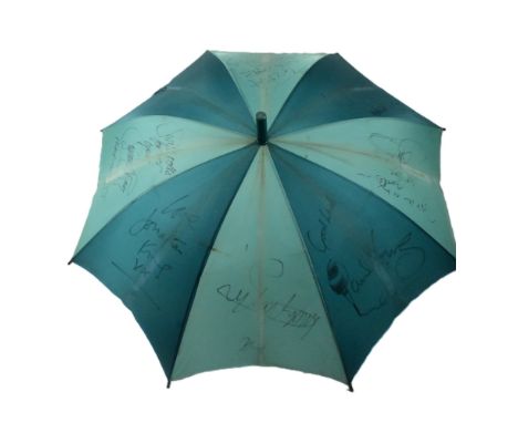 Montreux Pop Festival 1984 - a vintage two-tone green umbrella, autographed by several of the performers at the festival. Inc