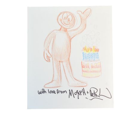 Aardman Animations - Morph - Peter Lord - hand drawn large sketch of Morph with a birthday cake. Drawn in coloured pencil by 