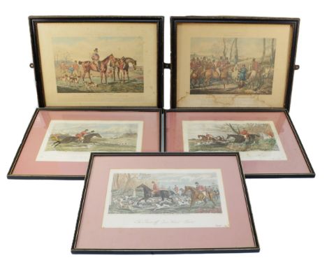 Five framed engravings, depicting hunting scenes, to include, two examples painted by Henry Alken and engraved by J Harris, T