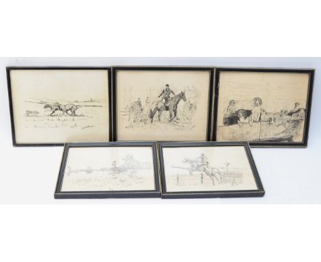 Colin Smith; Five framed pen and ink drawings on paper, depicting hunting scenes, to include Hare Coursing, Kenneling, and Fe