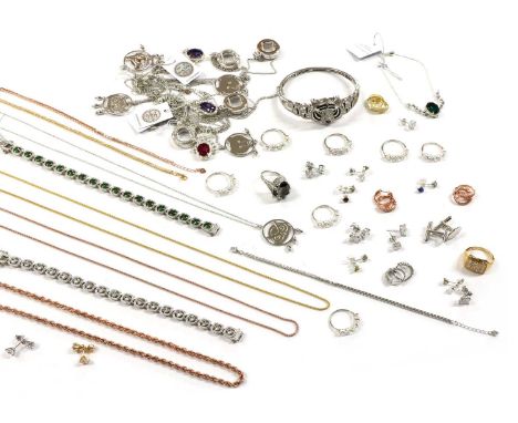 A quantity of silver jewellery, to include two Swarovski crystal line bracelets, four lockets with glazed covers, a silver ro