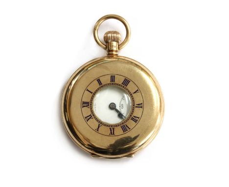 A 9ct side wind half hunter pocket watch, by J W Benson, 50mm diameter, with a blue enamel Roman numerals chapter ring to the