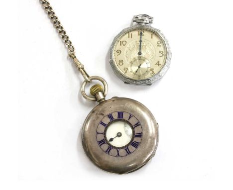 A sterling silver pin set half hunter pocket watch, 54mm diameter with a blue enamelled Roman numeral chapter ring to the fro