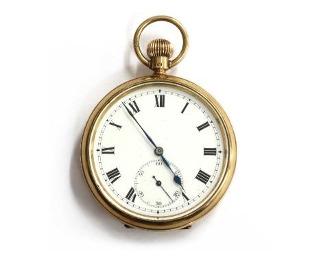 A 9ct gold Rotherham &amp; Sons top wind open-faced pocket watch, 51mm diameter, with a white enamel dial, black Roman numera