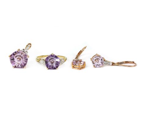 A 9ct gold pentagonal fantasy cut amethyst and diamond ring, pendant and earrings suite, the earrings with Continental fittin