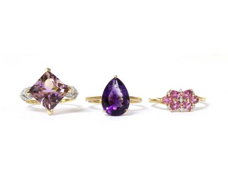 Three gold rings, to include a 14ct gold square mixed cut ametrine and diamond ring, Birmingham 2018, a 9ct gold single stone