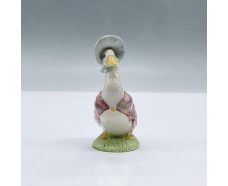 Glossy porcelain. Features a white duck wearing a blue headpiece and pink shawl. Royal Albert Beatrix Potter backstamp. This 