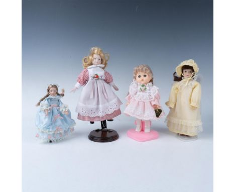 Decorated porcelain dolls all in period dresses - pink, blue, yellow and stripes. Three have display stands. Largest piece: 6