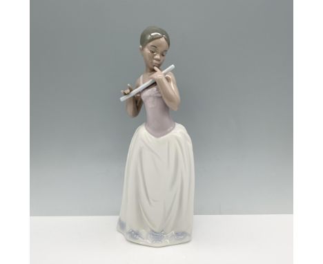 Stunning figure of a woman modeling a white and purple dress as she plays the flute. Nao backstamp. This item has its origina