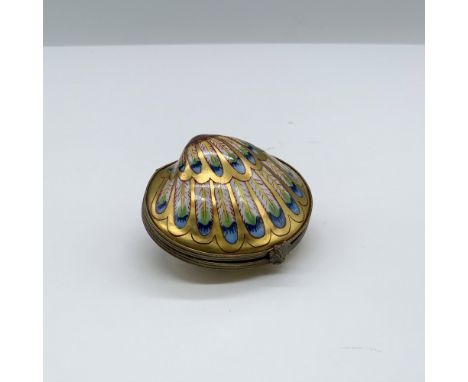 Hand painted porcelain decorative jewelry box in a bronze detailed seashell shape, featuring a pearlescent interior. Marked C