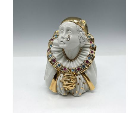 White porcelain sad figure with Swarovski crystal tear and gilt hands. Collar has embedded colorful Swarovski crystals as wel