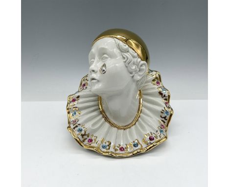 Exquisite white porcelain sculpture with Swarovski tear. Colorful crystals adorn the collar. All accented with gilt edges. RG