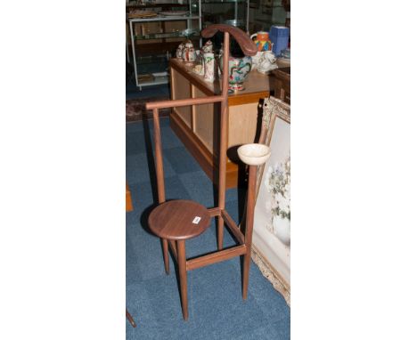 Unusual Gents Coat/Shirt Stand in teak, with coat hanger, round marble bowl fixed to frame and a round table top shelf. Conte