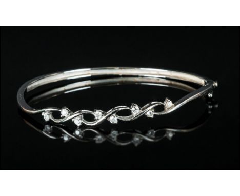 18ct White Gold Diamond Bangle, The Front Set With Eight Round Modern Brilliant Cut Diamonds, Hinged Clasp, Fully Hallmarked,