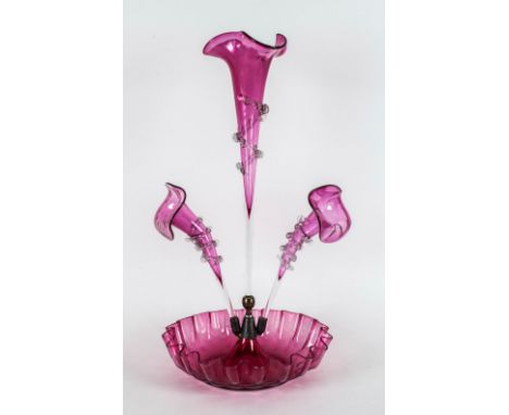 Victorian - 3 Horn Cranberry Glass Epergne. c.1870. The Trumpet Forms Having Applied Clear Glass Detail, Surrounding The Cran