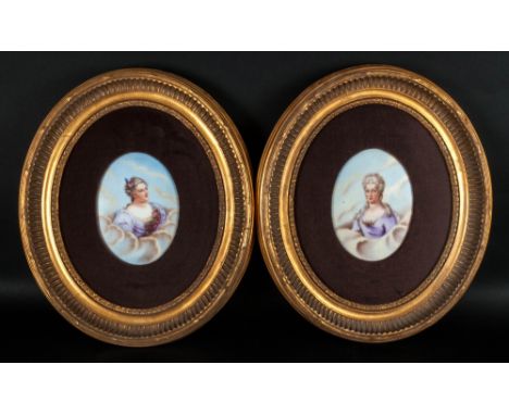 French Painted Porcelain Oval Plaques, a Pair of Portrait Miniatures Depicting Elegant Ladies In Period Dress of The Late 18t