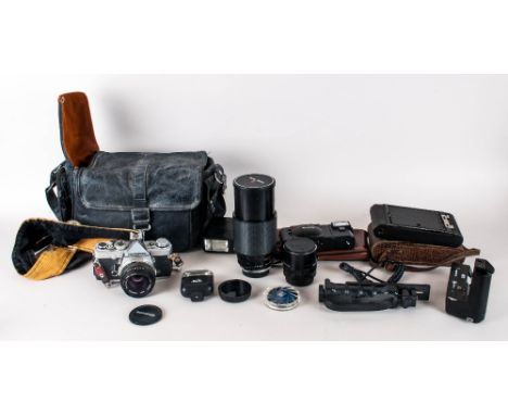 Collection Of Cameras & Camera Equipment Including Olympus OM-1n 35mm SLR film camera with Hoya 49mm lens, Kodak Brownie, Oly