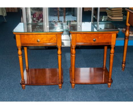 Pair of French Cherry Wood Finish Bedside Tables with a Single Draw Supported on Turned Legs, with an Under shelf. 25 Inches 