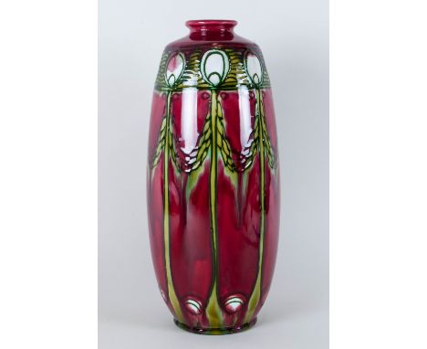 Minton - No 1 Secessionist Vase, Ruby Red and Green Colour way. c.1900. Height 12.5 Inches. Over painting to Vase, But Looks 