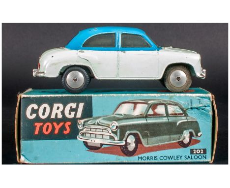 Corgi Toys No 202 Morris Cowley Saloon Model. Light Blue Body, Mid Blue Roof, Complete With Blue Picture Card Box, 