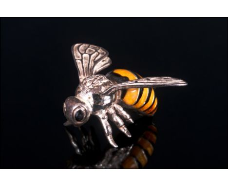 A Vintage and Realistic Silver and Enamel Bumble Bee Figure. Marked 925, 1.5 Inches Diameter. 