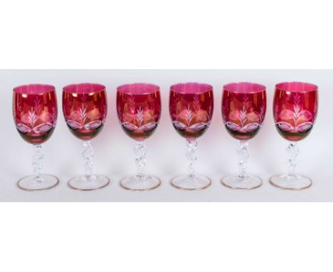 Murano Set of Six Fine Ruby Wine Glasses with Twisted Stems and Etched Decoration to Bowls. Each Stands 7 Inches High. 