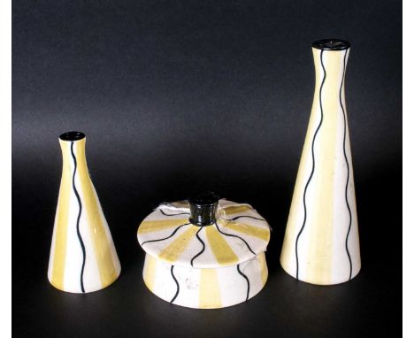Midwinter Clayburn Factory - Jessie Tait Design 4 Piece Cruet Set, Yellow and Black Wavy Line Pattern. 