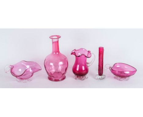 Victorian Collection of Cranberry Glass, Jugs. Vase and Sweetmeat Dish ( 5 ) Items In Total. c.1870's and 1880's. Tallest Ite