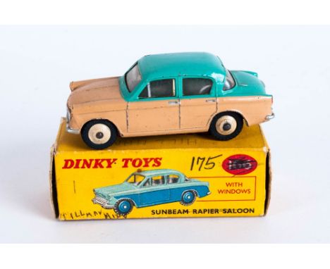 Dinky Toys No 175 Hillman Minx Diecast Model - light green top fawn lower body With associated (no 166) card box, 