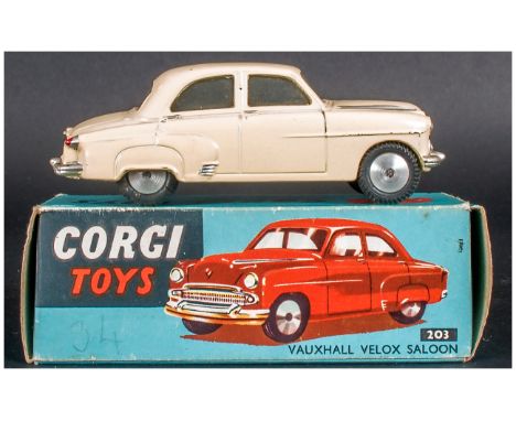 Corgi Toys No 203 Vauxhall Velox Saloon Model. Cream Body , Complete With Blue Picture Card Box, 