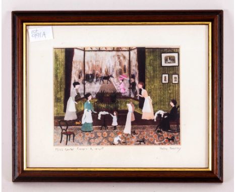 Contemporary Coloured Print by Helen Bradley 'Miss Carter Comes to Visit'. Framed and Glazed. 13 by 11 inches.